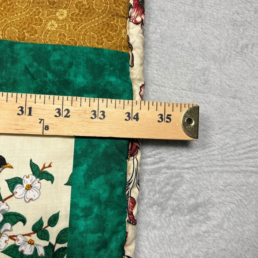 Handcrafted Bird Patchwork Tied Quilt 52x34 Green Gold Floral Reversable